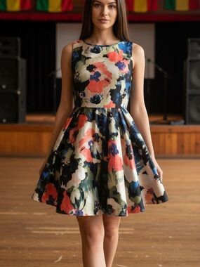 Danny & Nicole Floral Fit-and-Flare Dress - Coral, Blue & Black